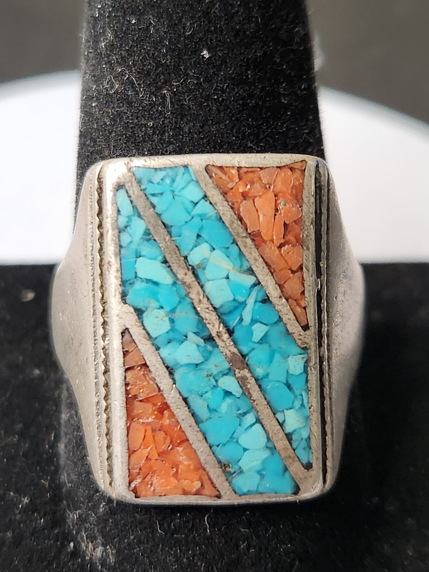 .925 Sterling Silver Crushed Turquoise Inlay Ring Sz 11.5